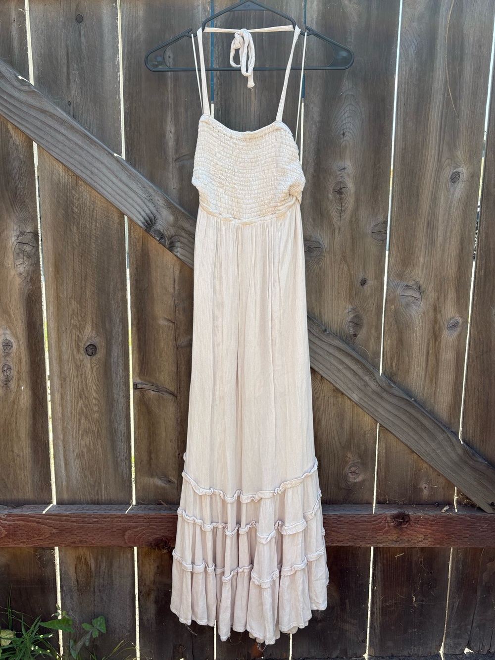Beige Smocked Maxi Dress with Ruffle Hem